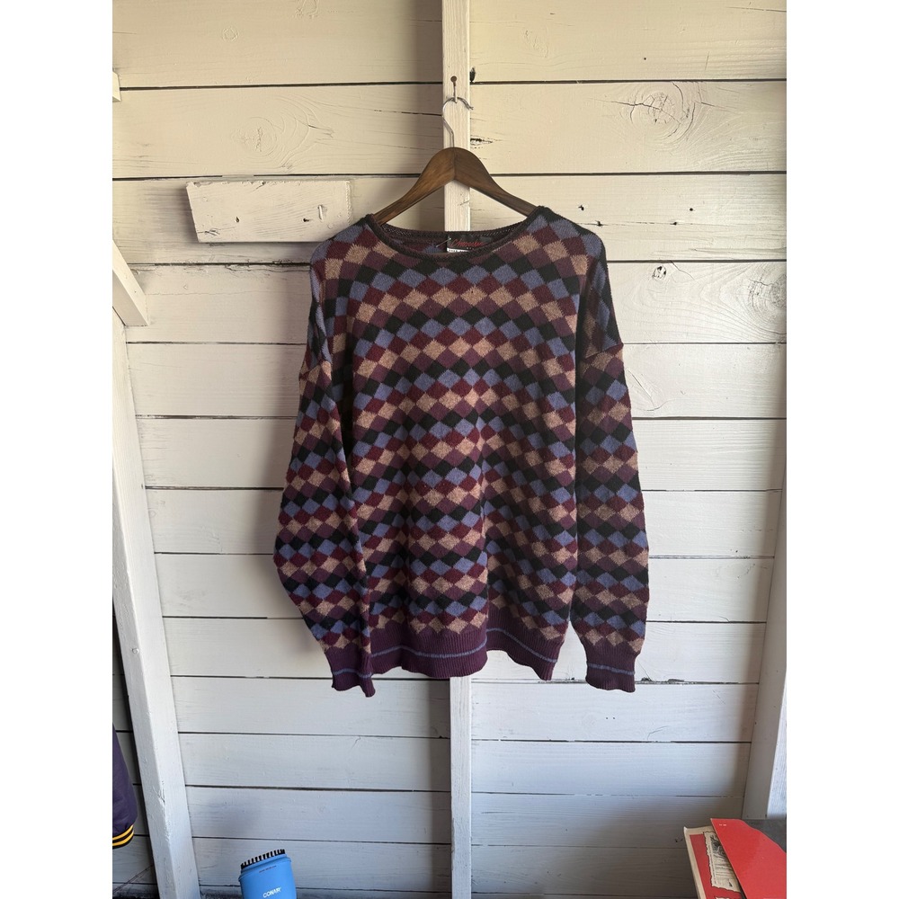 Vintage Chereskin Studio Saks Fifth Avenue Argyle Diamond Sweater Mens XL Purple